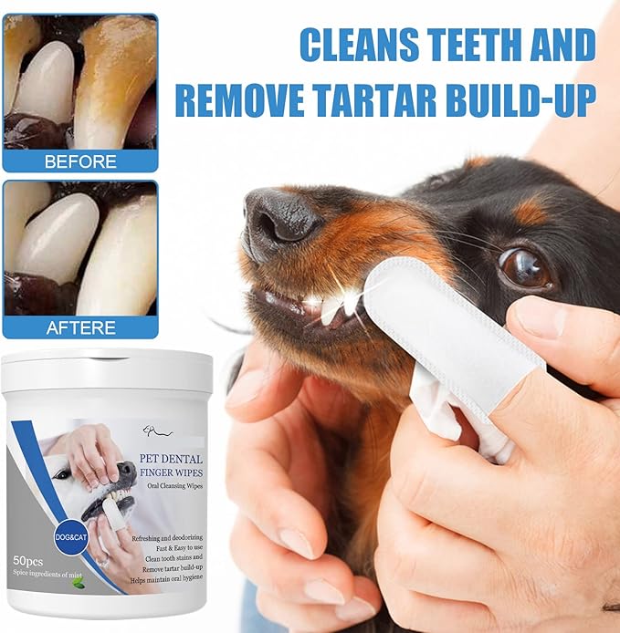 Pet Dental Finger Wipes, Oral Cleansing Teeth Care Finger Cots Wipes Pads for Dogs and Cats, Optimize Oral Health, Reduces Plaque, Freshen Breath - 50 Wipes