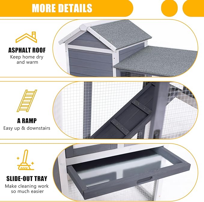 GEGURI Large Rabbit Hutch Indoor Outdoor Chicken Coop Wooden Bunny Cage with Waterproof Roof (48''L x 24''W x 36''H Grey)