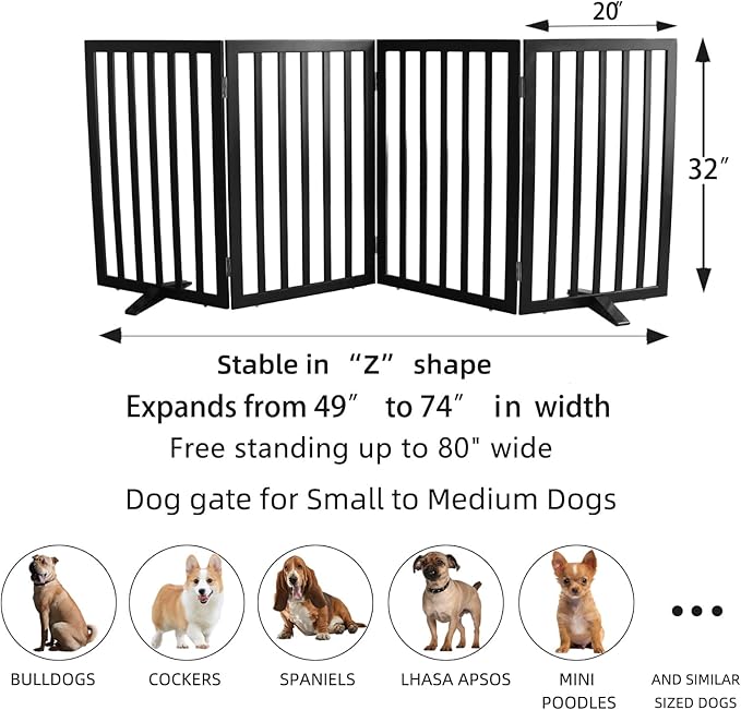 ZJSF Freestanding Indoor Dog Gate for House Foldable Wood Puppy Gate for Doorways Pet Gate for Stairs Extra Wide Pet Fence, Black, 32" Height 4 Panels