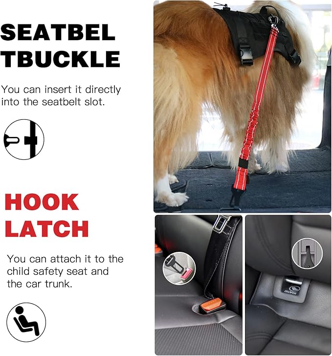 AUBELL Dog Seat Belt for Car,2 Pack Set 3-in-1 Adjustable Reflective Bungee Heavy Duty Dog Car Harness Tether with Clip Hook Latch & Buckle,Swivel Zinc Alloy Carabiner,Black+Red