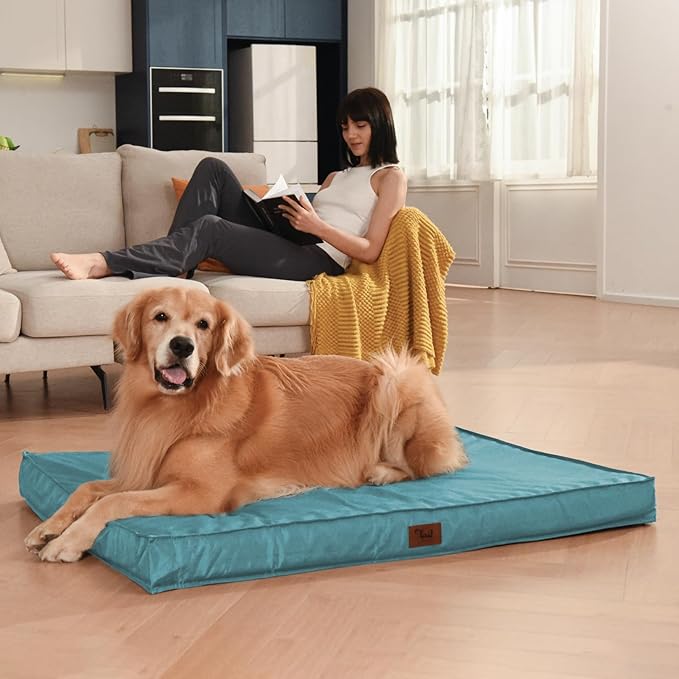Outdoor Extra Large Dog Crate Bed, Big Waterproof Dog Bed for Large Dogs, Orthopedic Egg Foam Pet Bed Mat with Removable Cooling Cover, Light Blue