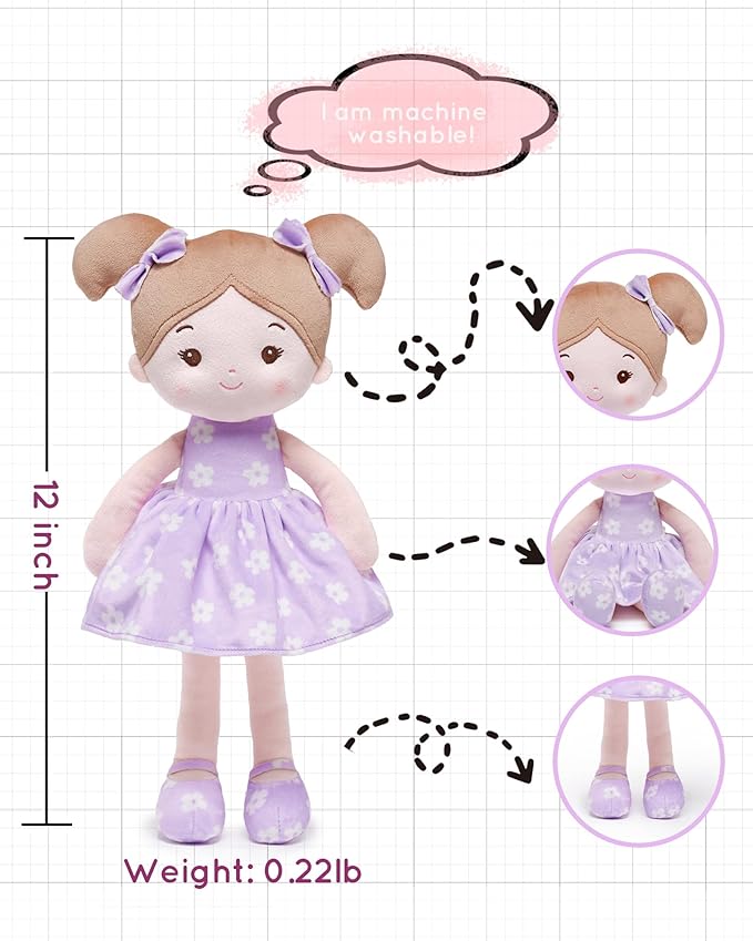 Soft Baby Doll Toys (12''), My First Baby Rag Doll for 1 Year-Old Girl Birthday Gift, Leya Doll Christmas Plush Toys Gift for Toddler Kids Infants -FloraBelle(Purple)