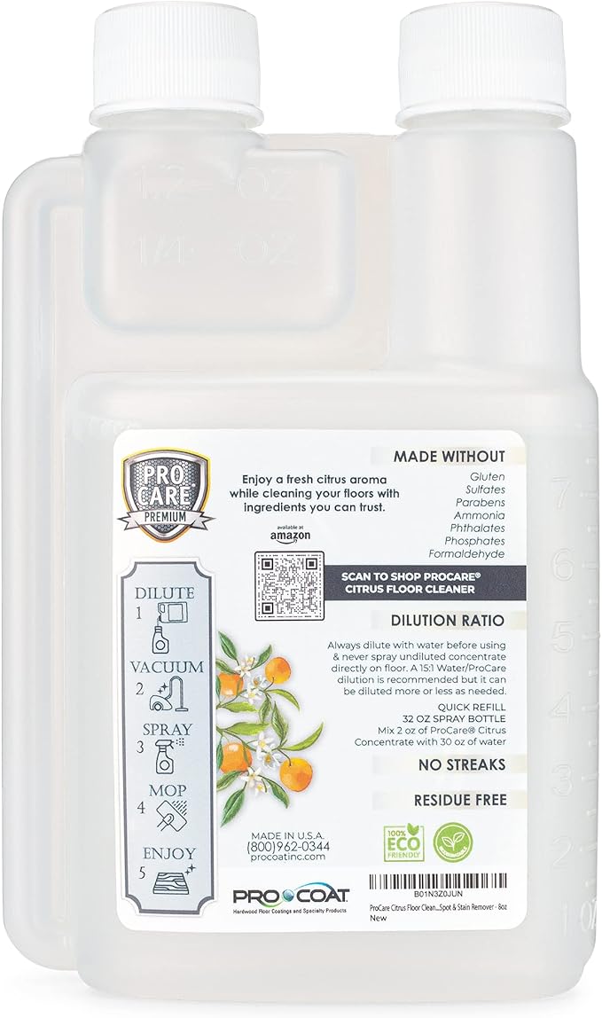 ProCare Citrus Floor Cleaner Concentrate (Made in USA) | Vinyl, Wood, Tile, Stone & Laminate Floor Cleaner For Mopping, Household Supplies, Cleaning Solution Concentrate For Kitchen & Bathroom - 8oz