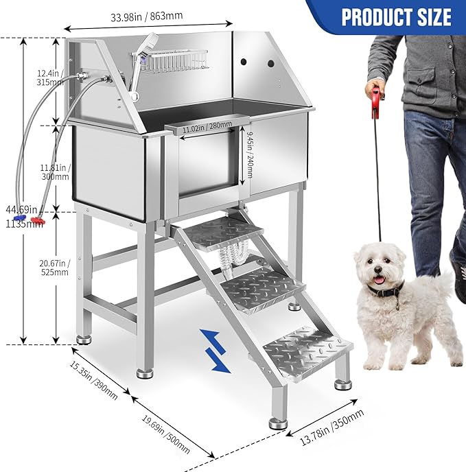 Professional Stainless Steel Dog Grooming Bathtub Station Wash Shower Sink with Faucet Walk-in Ramp and Accessories Pet Grooming Bathtub Station,34" L-RAMP