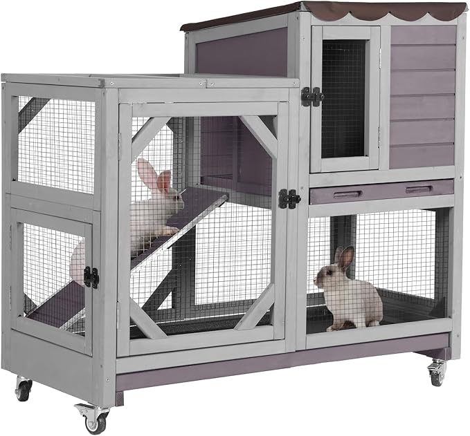 Aivituvin Rabbit Cage Indoor Outdoor Bunny Hutch on Wheels, 2 Story Wood Guinea Pig Cages with 2 Deeper Pull Out Trays (Gray)