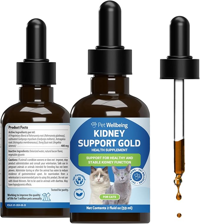 Pet Wellbeing Kidney Support Gold for Cats - Supports Healthy Kidney Function, Fluid Balance, Energy Levels, Rehmannia, Dong Quai - Veterinarian-Formulated Herbal Supplement 2 fl oz (59 ml)