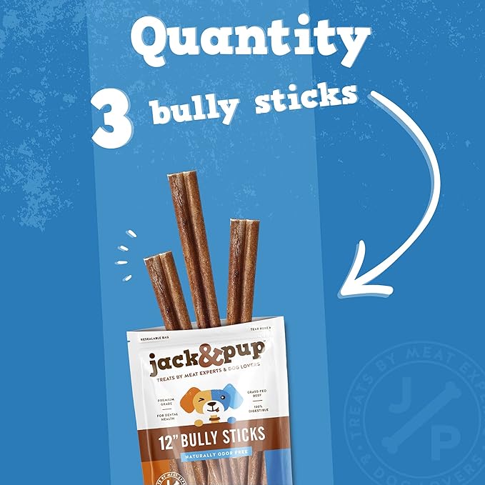 Jack&Pup 12 Inch Bully Sticks for Large Dogs | Thick Odor Free Bully Sticks (3 Pack) Long Lasting Bully Sticks for Dogs