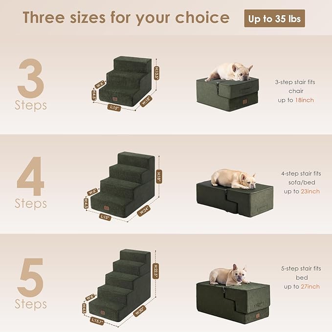 EHEYCIGA Dog Stairs for Bed 18" H, 4-Step Dog Steps for High Bed, Pet Steps for Small Dogs and Cats, Non-Slip Balanced Pet Ramp Indoor, Olive Green