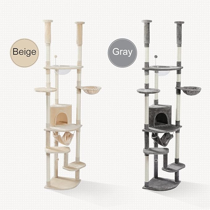 PEQULTI Floor to Ceiling Cat Tree 92.9’’-101.6’’ Height Adjustable Cat Tower Tall Kitty Climbing Play House with Scratching Posts, Cozy Condo, Perches and Large Hammock for Indoor Cats Beige