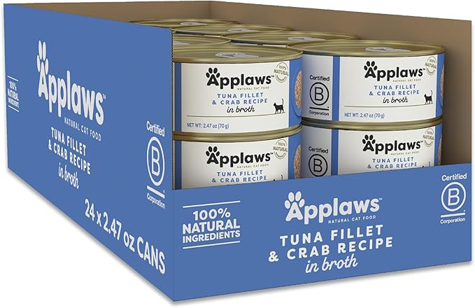 Applaws Natural Wet Cat Food in Broth, Limited Ingredient Canned Wet Cat Food, No Additives, Made with Natural Ingredients, Tuna Fillet & Crab in Broth (24 x 2.47oz Cans)