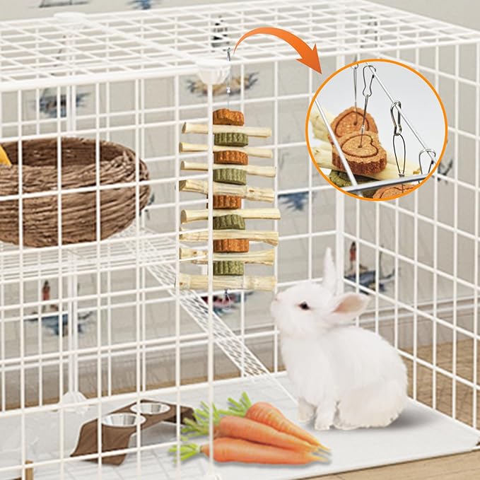 4 PCS Rabbit Chew Toys for Teeth Grinding, Delicious Bunny Cage Hanging Chew Toys, Natural Sweet Bamboo Chew Sticks and Timothy Grass Cake Hay Treats Maintaining Healthy Teeth for Rabbits