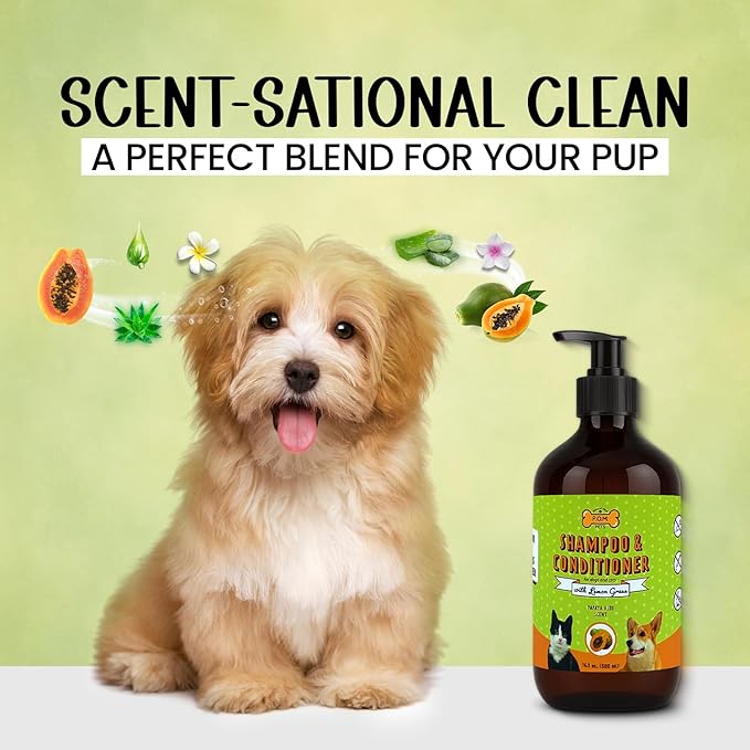 POM Pets 2-in-1 Organic Dog Shampoo & Conditioner – Itchy Skin Relief, Dog Deshedding, Detangles Fur, Cat Shampoo, Paw Cleaner for Dogs, Natural Coat Defense Formula