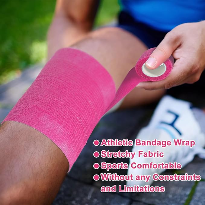 24 Pack Pink Self Adhesive Bandage Wrap, 2” x 5 Yards Cohesive Vet Wrap Elastic Athletic Tape Grip Tape Sports Tape for Ankle, Wrist Sprains, Medical, Pet First Aid (Pink, 2 Inch)