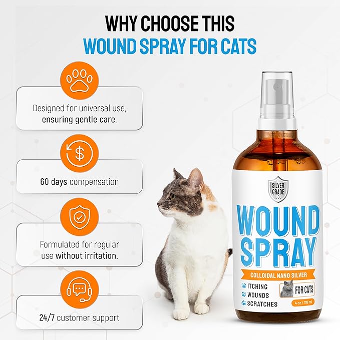 Cat Wound Care Spray with Silver – Wounds, Rashes, Hot Spots, Itch, Scratching, Irritation, Bites & Burns – Use a Cat Cone to Prevent Licking – Safe Formula – 4 Oz