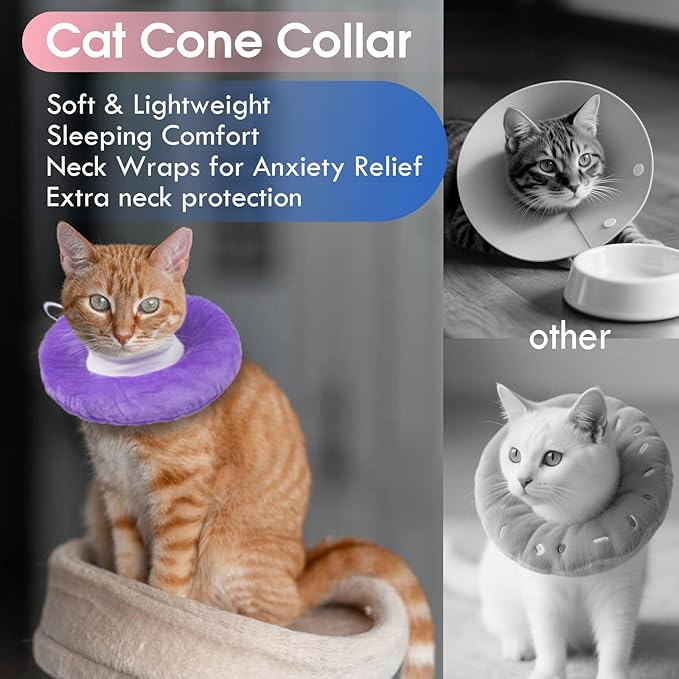 Lightweight Soft Cat Cone After Surgery, Adjustable Donut Collar with Drawstring Buckle, Scratch Resistant, Machine Washable, Suitable for Head/Foot Wounds Recovery, Purple Large