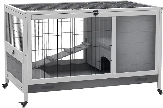 PawHut Wooden Rabbit Hutch Indoor Outdoor, Elevated Bunny Cage with No Leak Tray Enclosed Run with Wheels, Ideal for Guinea Pigs and Small Animals, Gray
