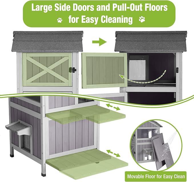 GUTINNEEN Outdoor Cat House Weatherproof Feral Cat Shelter with Escape Doors - 2-Story（AIR94）