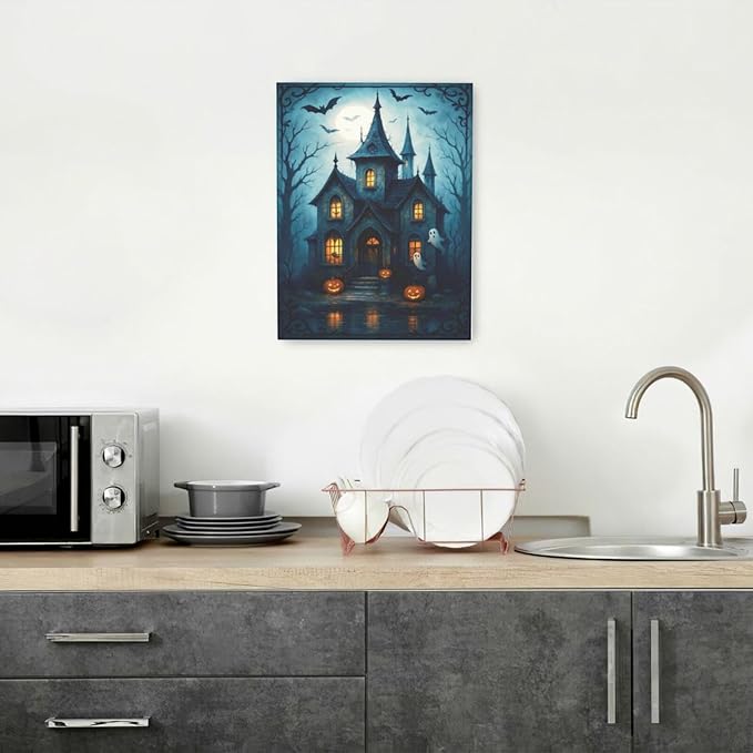 Halloween Gothic Wall Art Castle Pumpkin Ghost Bat Canvas Wall Decor Dark Academia Pictures Painting Print Framed Artwork Decorations Gifts for Halloween Living Room Bedroom Office 12"x16"