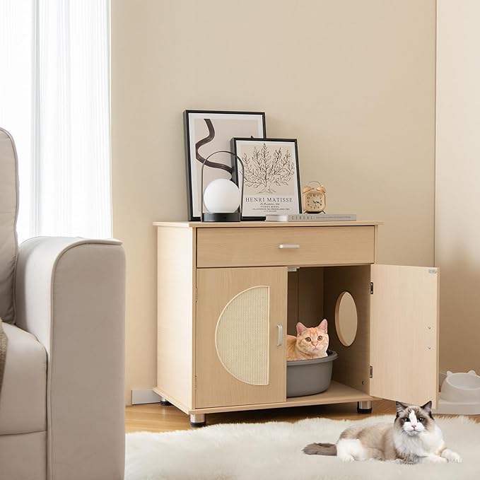 Tangkula Litter Box Enclosure, Hidden Cat Washroom with Drawer, Sisal Scratching Doors, Adjustable Metal Feet, Modern Cat Litter Cabinet Storage Bench, Double Enclosed Litter Box Furniture