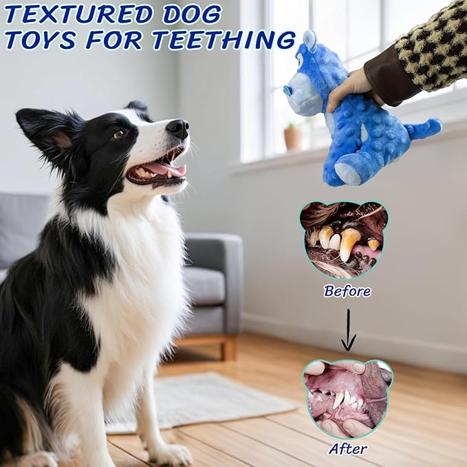 Squeaky Stuffed Dog Toys, Chew Toy for Large Medium Small Breeds, Plush Dog Toys to Keep Them Busy, Puppy Teething Dog Toy, Crinkle Dog Toy (Blue Hippo)