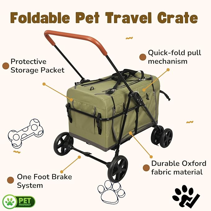 Pet Stroller Foldable Travel Crate for Small and Medium Dog and Cat, Portable Pet Travel Carrier, Pet Jogger with Detach Carrier