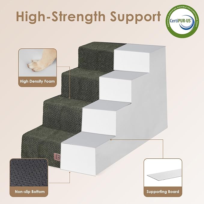EHEYCIGA Dog Stairs for Bed 20" H, 4-Step Extra Wide Dog Steps for High Bed, Pet Steps for Small Dogs and Cats, Non-Slip Balanced Pet Ramp Indoor, Olive Green