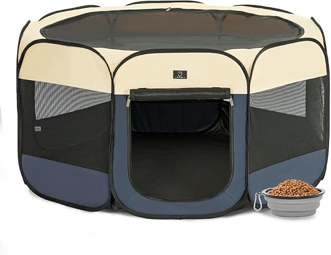 A4Pet Collapsible Playpen, 39.5” Portable Dog Playpen with Bowl, Suitable for Puppies, Kittens, and Small Animals, Removable Zipper & Mesh Panel(16”W × 10”H)