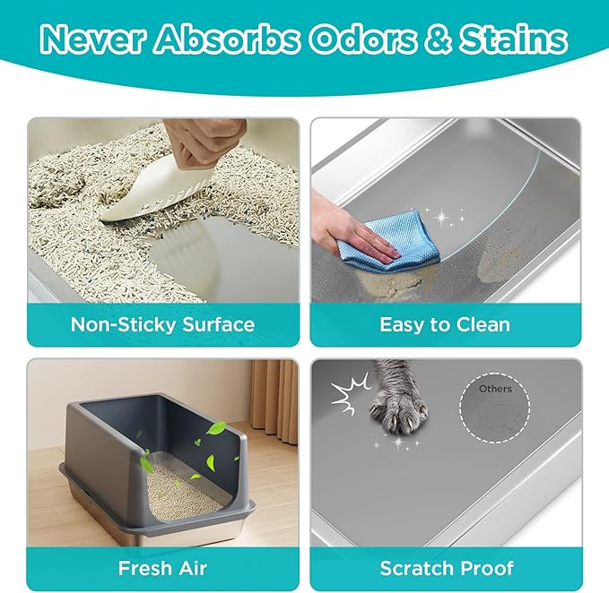 LIHONG Stainless Steel Litter Box with Lid, XL Metal Cat Box for Indoor Cats, Enclosure Cat Litter Pan for Large Cats, Non-Sticky Large Kitty Litter Box, Anti-Leakage, 23.5" X 15.5" X 16"