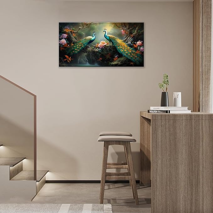 Large Peacock Wall Art Aesthetic Bird Canvas Living Room Pictures Framed Prints Floral Modern Wall Decor Painting Artwork for Bedroom Dining Office Home 60"x30"