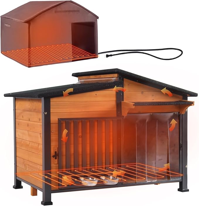GUTINNEEN Heated Dog House Outdoor Dog Kennel with Safe Heated Pad, Chew-Proof Metal Frame and Rotating Food Bowl for Small to Medium Dogs, 39.7"x25.5"x32.2" (Dark Brown)