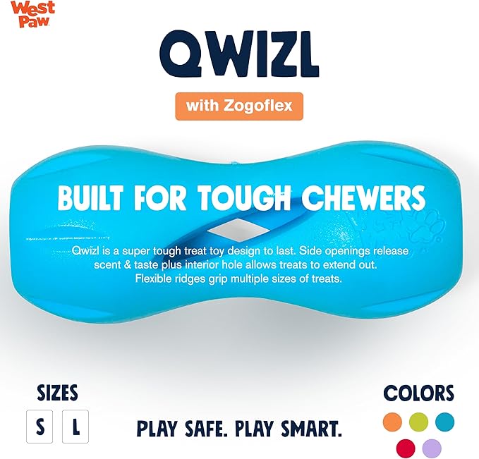 West Paw Zogoflex Qwizl Interactive Treat Dispensing Dog Puzzle Treat Toy for Dogs, 100% Guaranteed Tough, It Floats!, Made in USA, Large, Aqua Blue