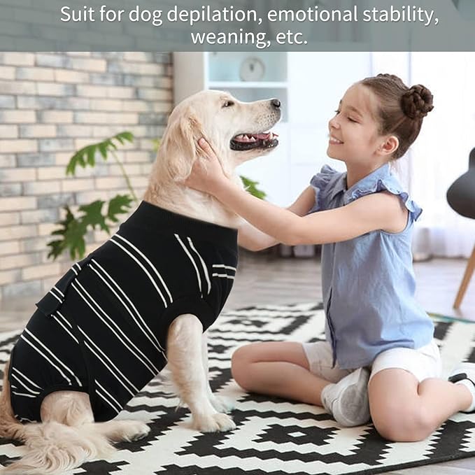 Kuoser Dog Surgery Recovery Suit for Female Male Dogs, Stripes Spay Neuter Anti-Licking Dog Onesie, Surgical Suit Snugly Pet Post Surgery Vest Bodysuit for Abdominal Wounds Skin Disease, Black XS