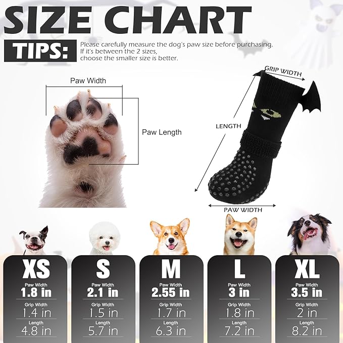 EXPAWLORER Halloween Anti Slip Dog Socks to Prevent Licking Paws, Boots & Paw Protectors with Grippers,Doggie Booties for Hardwood Floors for Small Medium Large Senior Dogs Costume Black Devil Wings L