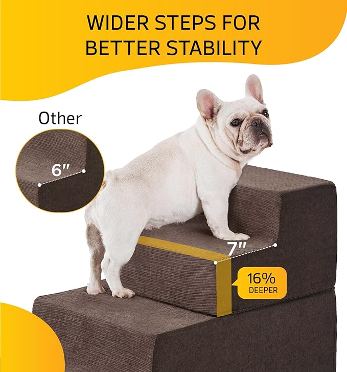 Dog Stairs for High Bed, Dog Steps for Bed Couch Sofa, 35D Foam Extra Wide Pet Steps for Small Dogs and Cats, Pet Stairs with Non-Slip Bottom Brown, 4 Steps
