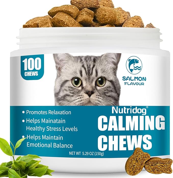 Cat Calming Treats - 100 Count Salmon Chews with Organic Chamomile & Ginger, Stress Relief Supplement for Separation Anxiety, Vet Visits & Thunderstorms (Salmon)