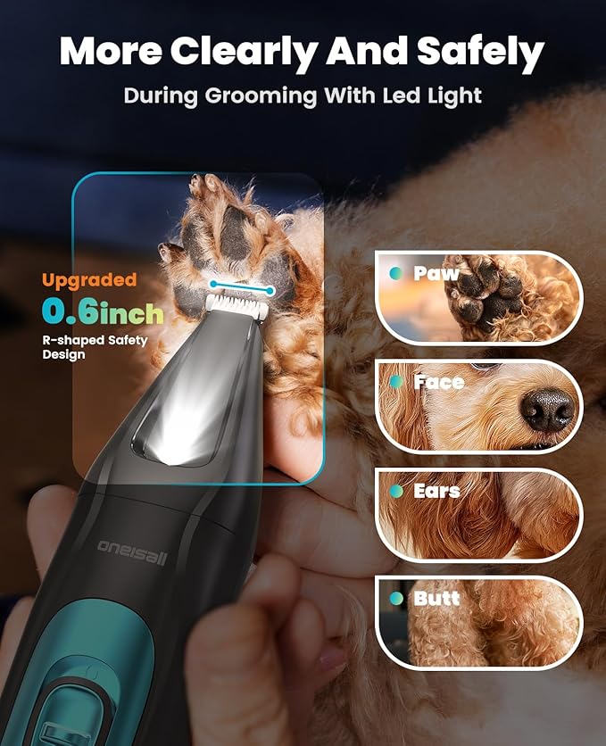 oneisall Quiet Dog Clippers for Grooming LED Light, Cordless Dog Grooming Kit 4 in 1, 2000mAh Pet Clippers Paw Trimmer Nail Grinder for Paw, Nail, Face, Ears, Legs, Body
