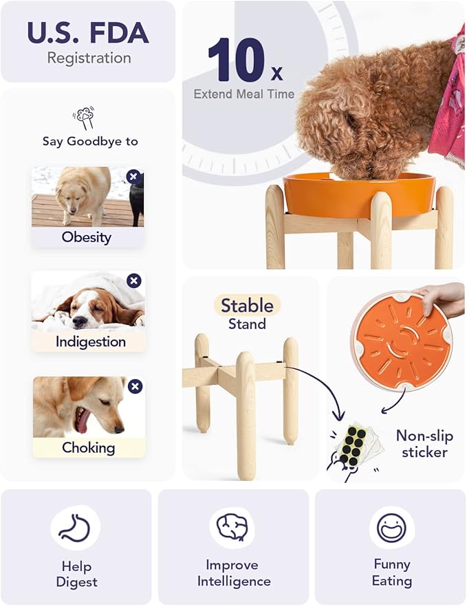 LE TAUCI Ceramic Slow Feeder Puzzle Bowl Elevated 3 Cup with Wooden Stand for Medium Large Dog, Fast Eater Slow Eating Food Bowl, Sun Orange