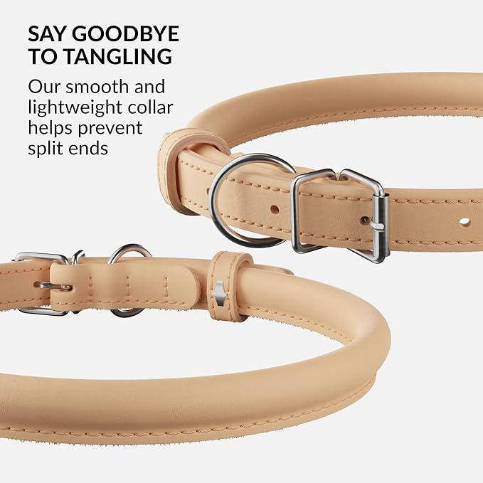 CollarDirect Rolled Leather Dog Collar, Soft Padded Round Puppy Collar, Handmade Genuine Leather Collar Dog Small Large Cat Collars 13 Colors (6-7 Inch, Beige Smooth)