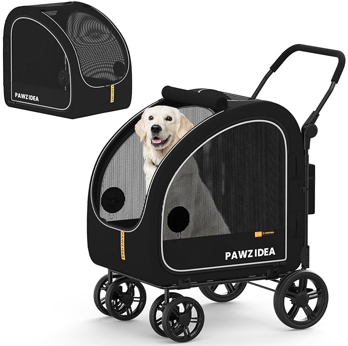 PAWZIDEA Dog Stroller for Large Dogs, Pet Stroller with Detachable Carrier for Portable Dog Crate for Car Seat, Foldable Dogs Jogger Strollers, All Terrain 9” Wheels, Adjustable Handle, Storage Bag