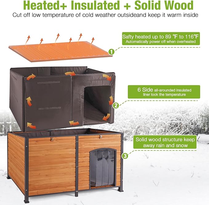 GUTINNEEN Heated Dog House Outdoor 59.1" Extra Large Dog Kennel with Metal Frame Insulated Dog Crate Cage for Large Dogs Outside with Heater and Insulated Liner, Brown