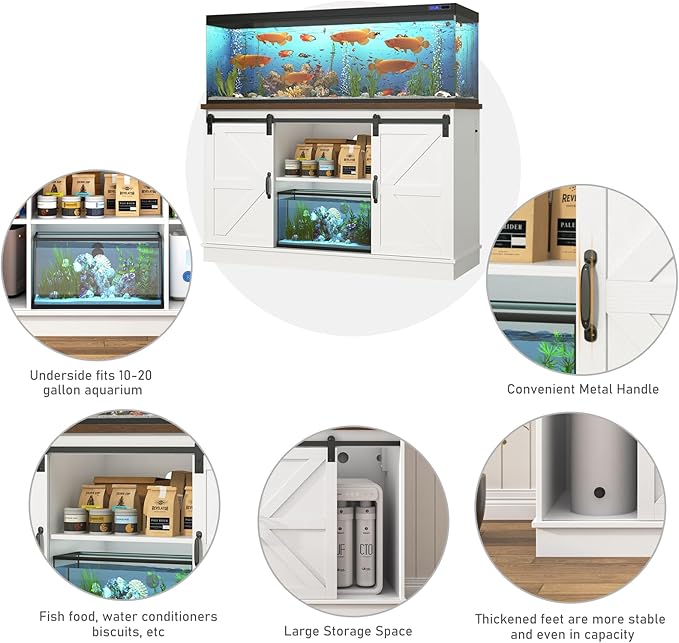 Farmhouse 55-75 Gallon Fish Tank Stand with Power Outlet, Aquarium Stand with Cabinet&Sliding Barn Door, Heavy Duty Reptile Tank Stand for 2 Fish Tank/Turtle Tank/Reptile Terrarium, White