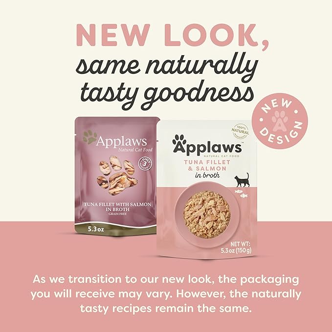 Applaws Natural Wet Cat Food in Broth, Limited Ingredient Wet Cat Food Pouches, No Additives, Made with Natural Ingredients, Tuna Fillet with Salmon in Broth (12 x 5.3oz Pouches)