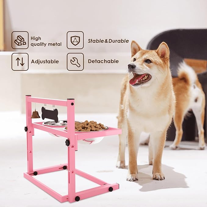 SHAINFUN Elevated Bowls for Small and Medium Dogs, Raised Stand With 2 Stainless Steel Food & Water Bowls, Adjustable Height Feeder for Puppy & Cats, Cute Pink
