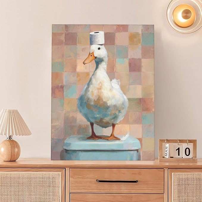 Funny Duck Bathroom Wall Art Cute Duck on Toilet Canvas Wall Decor Funny Quirky Farm Animal Pictures Painting Print Framed Artwork Decorations Gifts for Bathroom 12"x16"