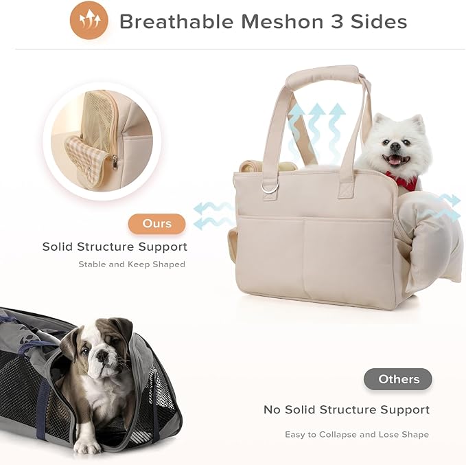 Dog Purse Carrier for Small Dogs, Soft Soft Sided Folding Dog Carriers for Small Dogs Medium Cats Puppies up to 15 Lbs, Washable Breathable Puppy Carrier for Outdoor Travel (Large Beige)