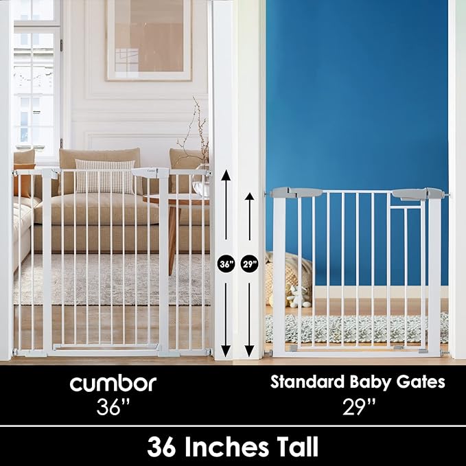 Cumbor 36" Extra Tall Baby Gate for Dogs and Kids with Wide 2-Way Door, 29.7"- 46" Width, and Auto Close Personal Safety for Babies and Pets, Fits Doorways, Stairs, and Entryways, White