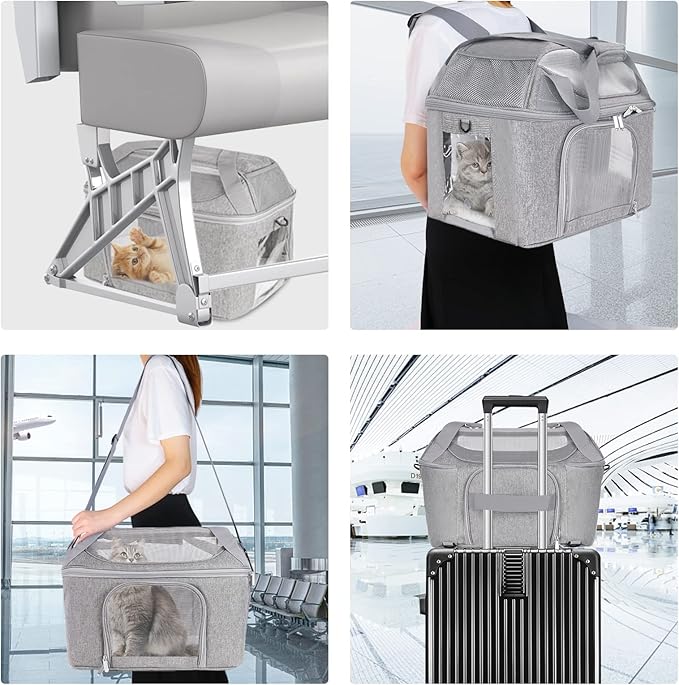 Large Cat Carrier Soft Side Pet Carrier for Kitten Puppy Collapsible Travel Small Dog Carrier, TSA Airline Approved Pet Carriers for Under 20 lbs, Gray