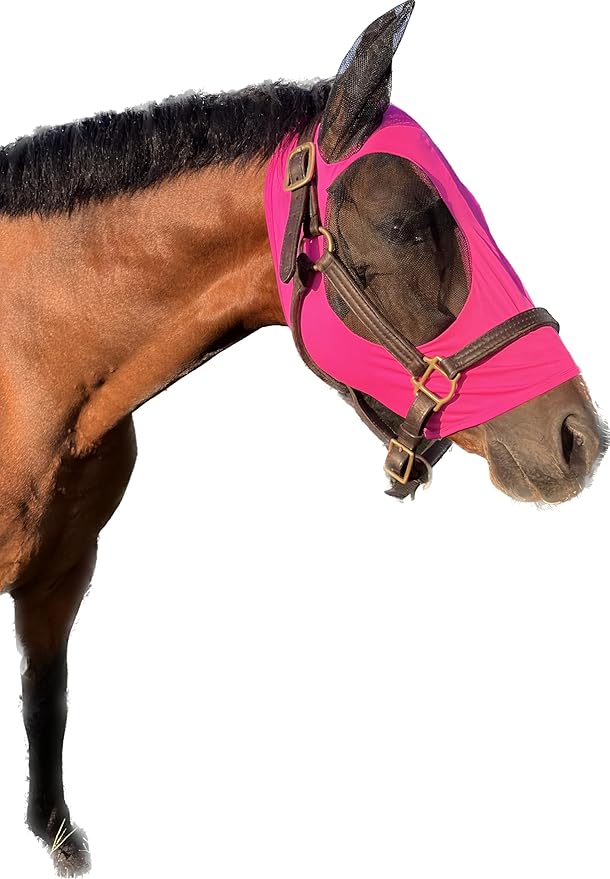 Horse Fly Mask - Durable Equine Fly Mask with Full Coverage for Eye & Ear - Stretchable, UV & Sun Protection Flymask for Horses, Ponies & Mini Horses - Horse Face Cover for Pasture & Trail - Pink