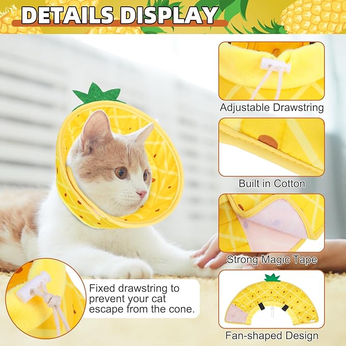 KOOLTAIL Cat Costume Cone Collar Soft, Adjustable Cat Cones to Stop Licking, Foldable Donut Water Resistant Pet Recovery Neck E Collars After Surgery,Elizabethan Collar for All Breeds Cats,Pineapple M