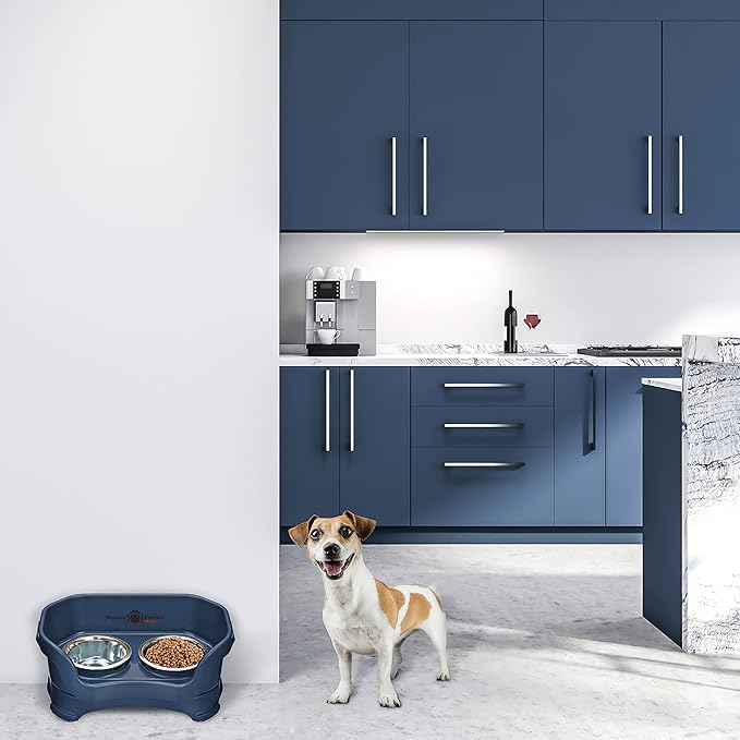 Neater Pet Brands Neater Feeder Deluxe Mess Proof Dog Bowls Elevated for Small Dogs Under 19 lbs, Made in USA, No Spill Raised Dog Food Bowl Stand Feeding Station, Food and Water Bowl Set, Dark Blue